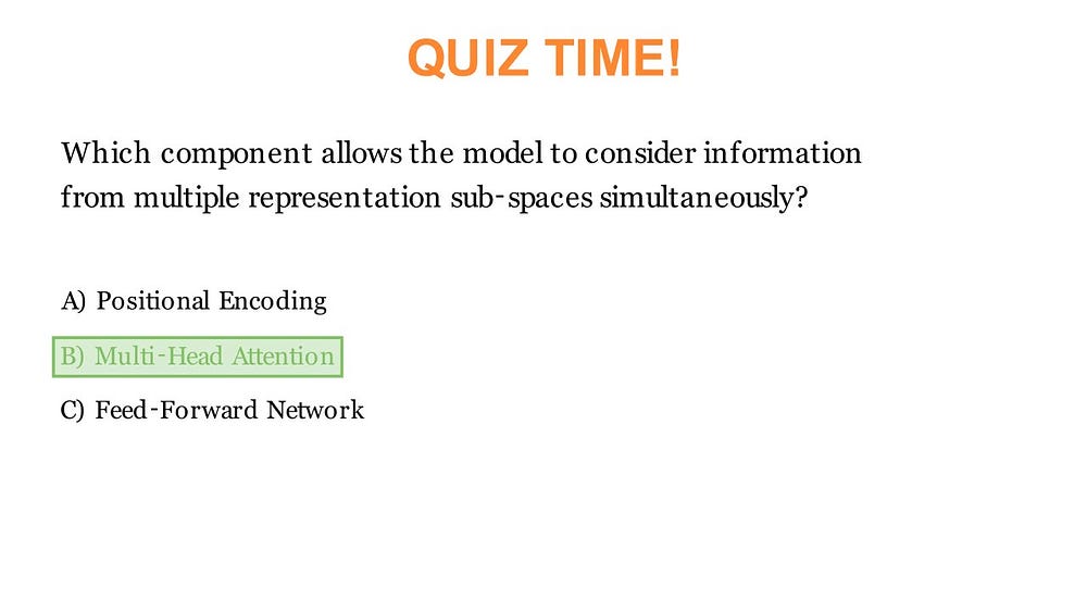 A quiz segment frame from an explainer video about transformers